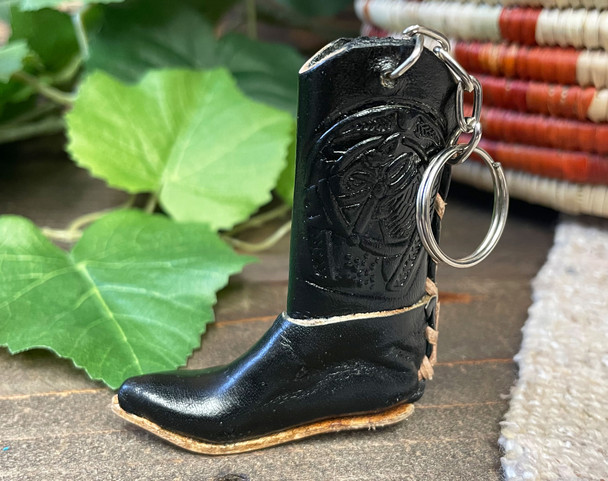 Tooled Leather Boot Keychain -Black