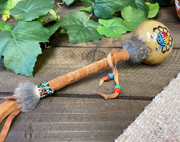 Navajo Painted Rawhide Rattle -Sunface