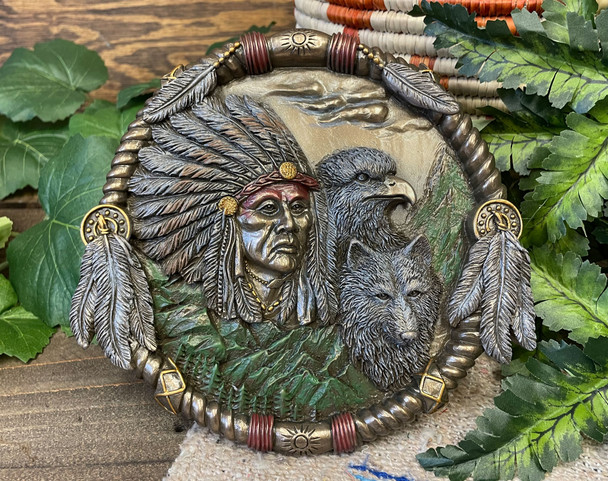 Southwestern Bronze Plaque -Chief, Wolf, & Eagle
