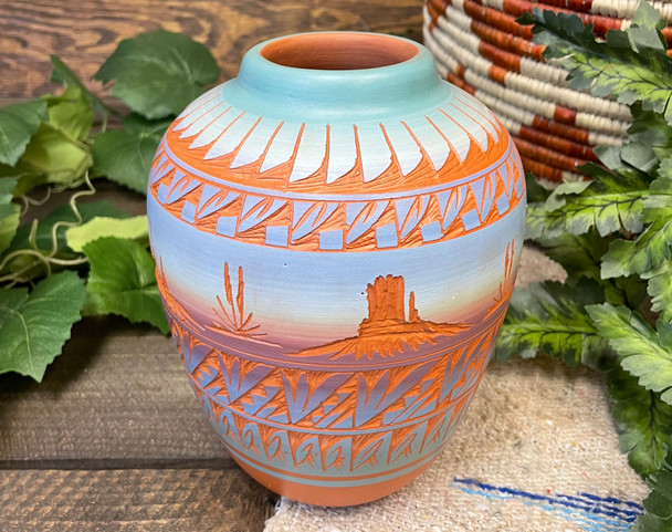 Navajo Etched Vase -Blue Mesa