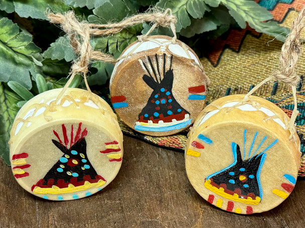 Assorted Hand Painted Tarahumara Mini Drum Ornament -Teepee