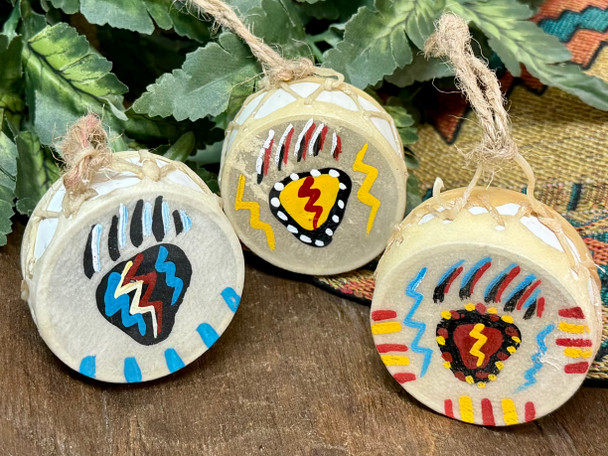 Assorted Hand Painted Tarahumara Mini Drum Ornament -Bear Paw
