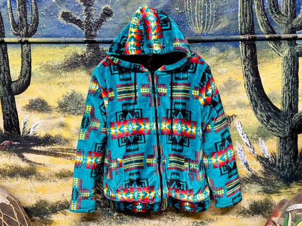 Native Inspired Sherpa Hoodie -Teal