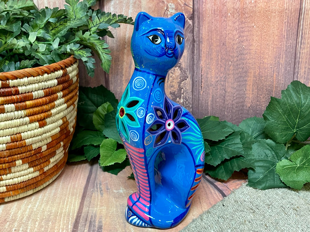 Mexican Hand Painted Clay Pottery cat Lantern