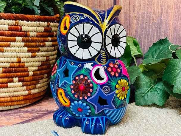 Mexican Hand Painted Clay Pottery Owl Lantern