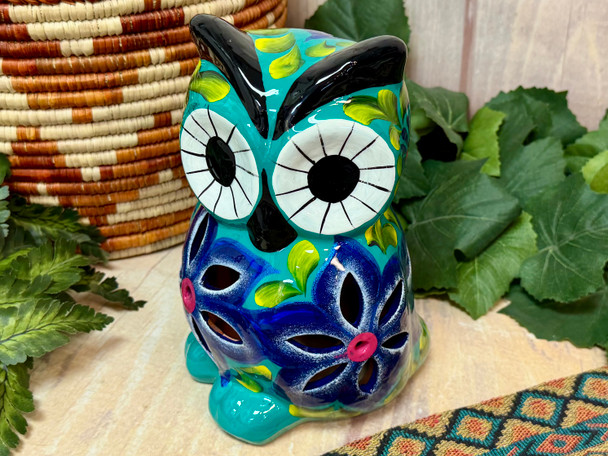 Mexican Hand Painted Clay Pottery Owl Lantern