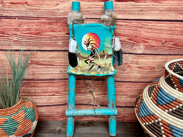 Painted Hide Rack Log Ladder -Kokopelli