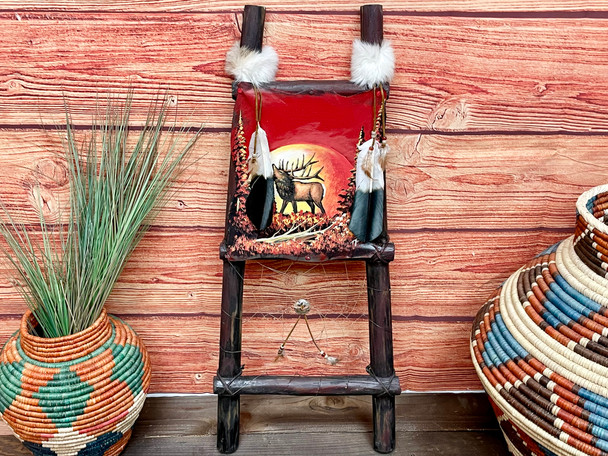 Painted Hide Rack Log Ladder -Elk