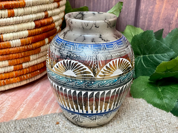 Navajo Color Band Etched Pottery Vase
