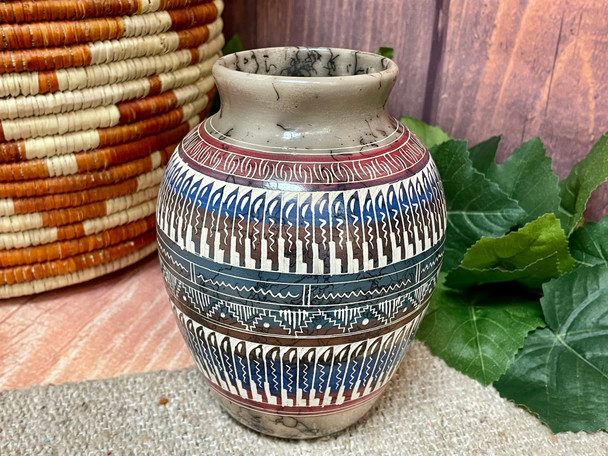 Navajo Color Band Etched Pottery Vase