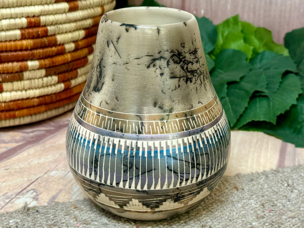 Navajo Color Band Etched Pottery Vase