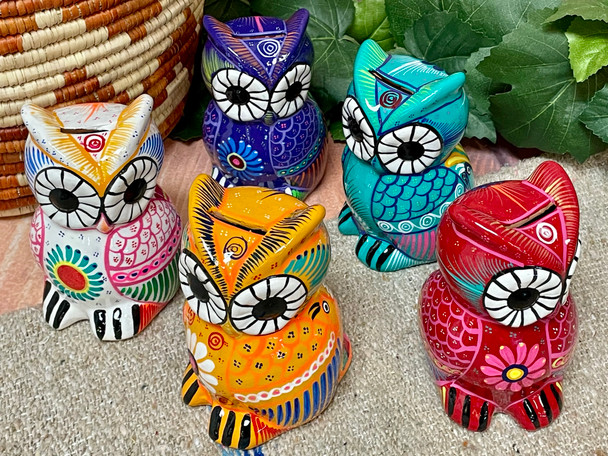 Assorted Mexican Hand Painted Clay Pottery -Owl Bank