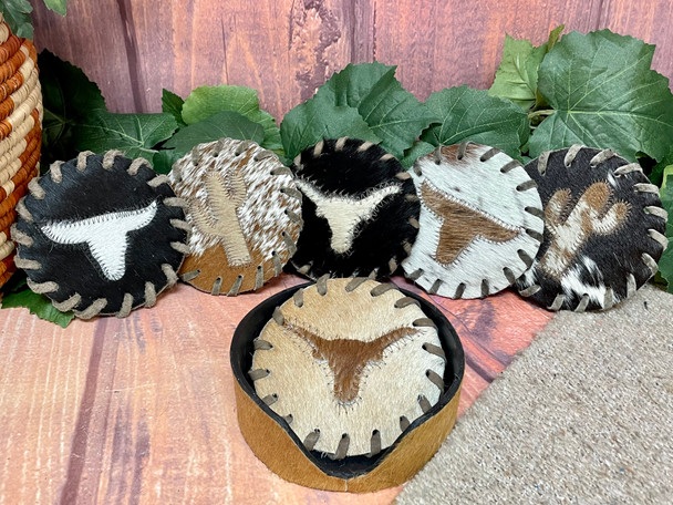 Southwest Cowhide Coaster Set w/ Cowhide Holder