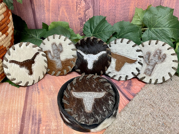 Southwest Cowhide Coaster Set w/ Cowhide Holder