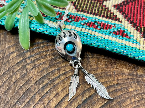 Navajo Indian Silver Feather and Turquoise Pendant