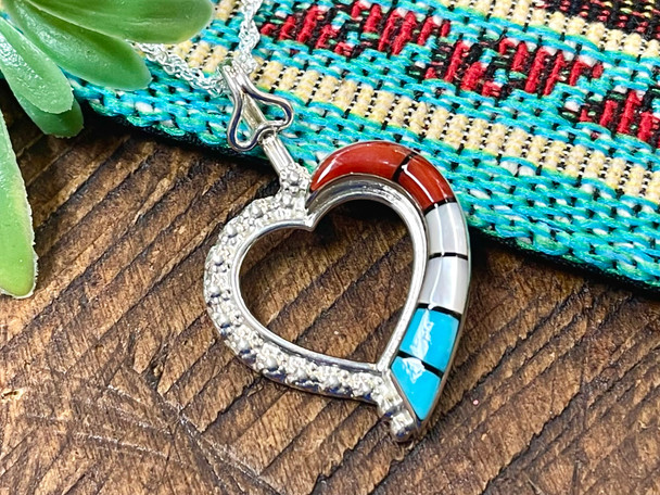 Sterling Silver Native American Inlaid Zuni Heart Necklace 20"