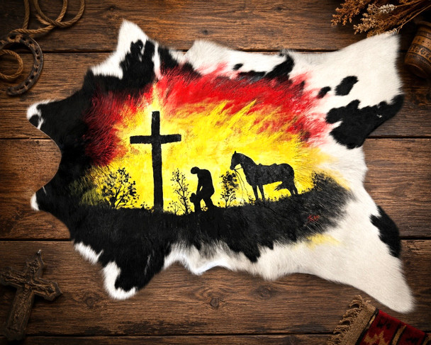 Southwestern Painted Cow Hide -Prayer Cowboy