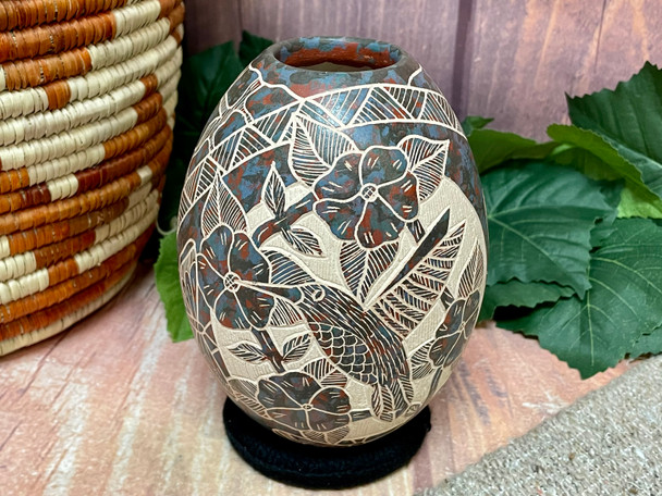 Hand Painted Mata Ortiz Vase -Hummingbird & Butterfly