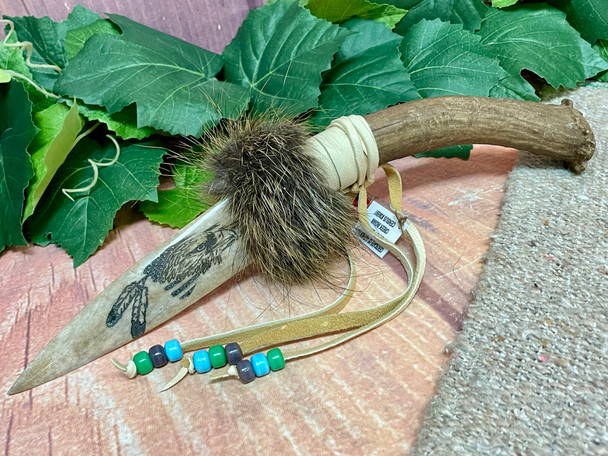 Creek Indian Antler Handle Etched Bone Knife