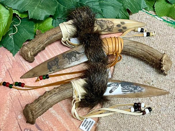 Creek Indian Antler Handle Etched Bone Knife -Assorted