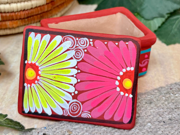 Hand Painted Mexican Clay Jewelry Box with Lid
