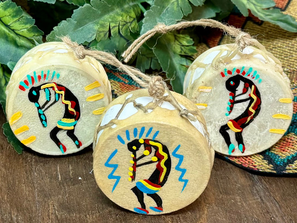 Assorted Hand Painted Tarahumara Mini Drum Ornament -Kokopelli