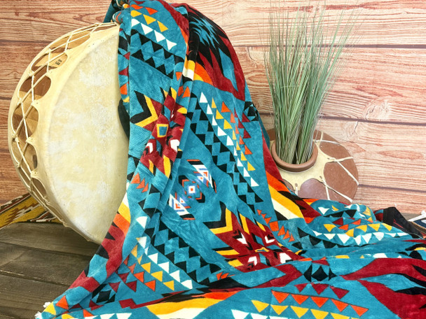 Southwestern Heavy Fleece Blanket -Teal