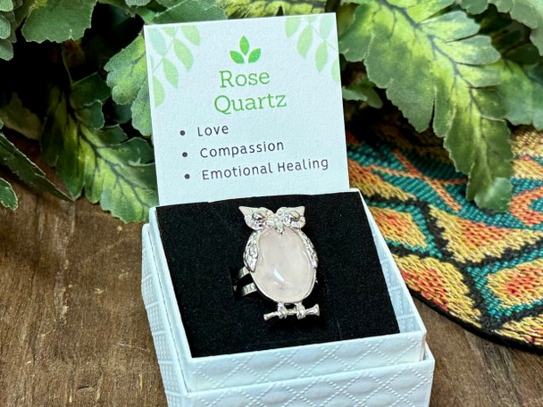 Owl Gemstone Ring -Rose Quartz