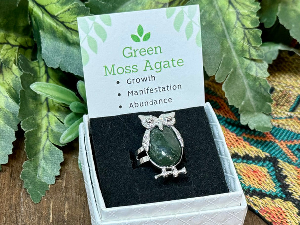 Owl Gemstone Ring -Green Moss Agate