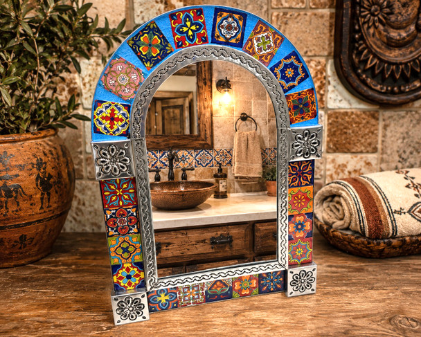 Talavera Tile Punched Tin Mirror