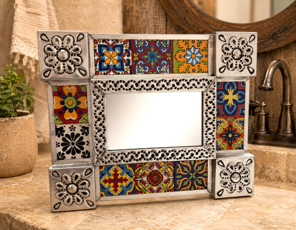 Mexican Tin & Talavera Tile Mirror