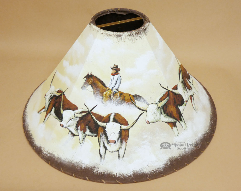 Western Painted Leather Lamp Shade 24" Cattle Drive (PL81) Mission