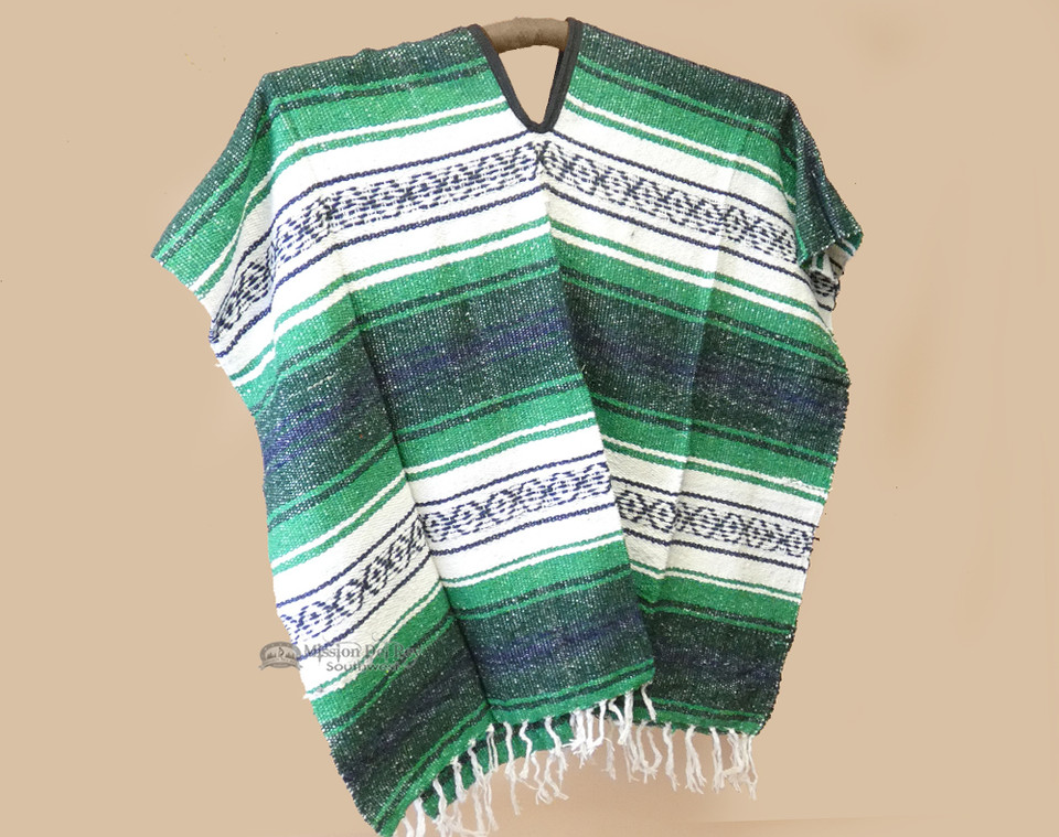 Mexican Falsa Blanket Style Poncho Green (p56) Mission Del Rey Southwest
