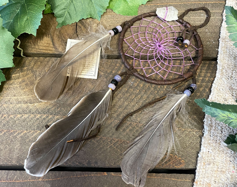 Authentic Navajo Dream Catcher - 4 Inch Purple With Real Deer Leather & Stone Arrowhead
