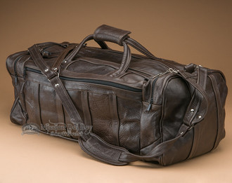 grey leather duffle bag