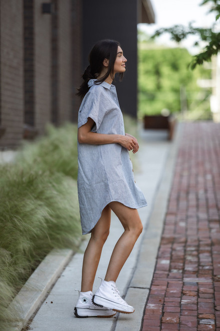 Paige Handwoven Cotton Relaxed Shirt Dress in Blue and White Pin-Stripe - Pre-Order 10/30