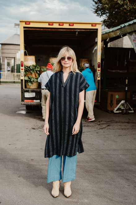 Paula Tunic in Black and White Stripe with Long Cobalt Pants.