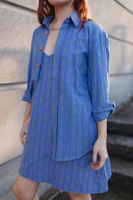 Jo Handwoven Cotton Long Sleeve Button-Up in Periwinkle and Kelly Green  - Pre-Order 10/30