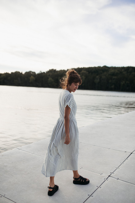 June Dress in Green and White Stripe Linen