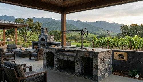 Outdoor kitchen pavilion with vineyard views at sunset, featuring the NorCal Ovenworks Base Unit #4660 Argentine grill. Note the California Republic flag and "NorCal Ovenworks Inc." text on the brass-toned plaque.