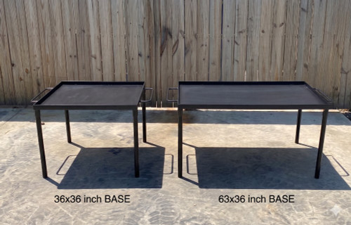 A side-by-side comparison of two black steel Argentine fire table bases: a square 36x36 inch model on the left and a rectangular 63x36 inch model on the right.