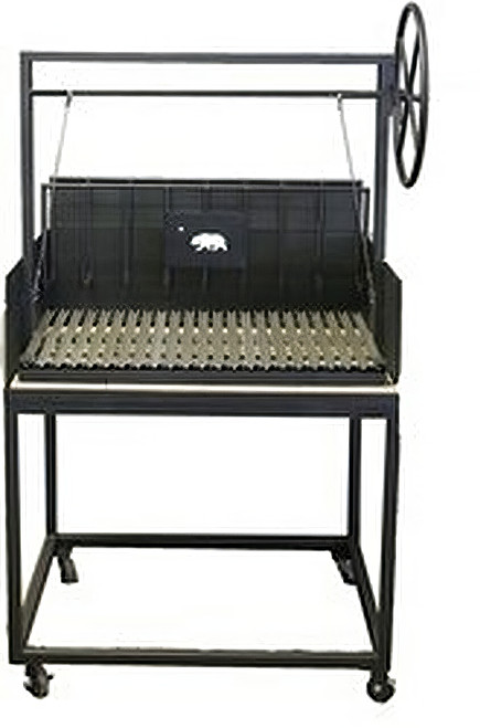 Large black steel Argentine grill with V-grate, side wheel, rear ember maker (brasero), and mobile cart for authentic BBQ.