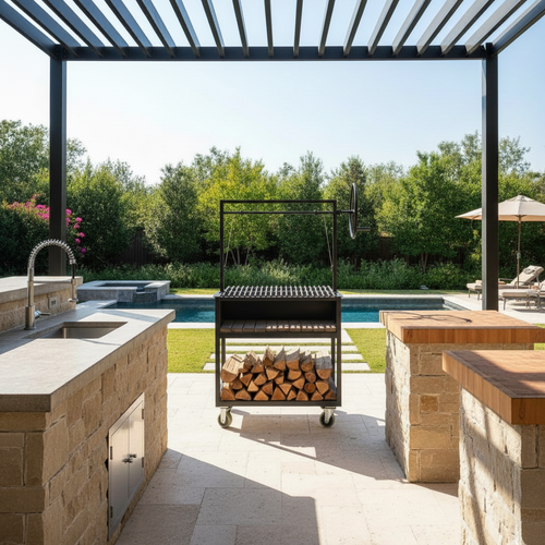 Portable Argentine Grill with casters, wood & charcoal burning. For Residential and Commercial.