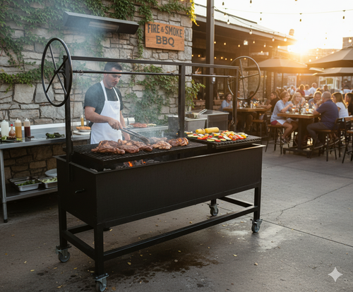 Portable Split Argentine Grill with legs and casters with an enclosed firebox in a Commercial Setting. Portable Split Argentine Grill with legs and casters with an enclosed firebox in a Commercial Setting.