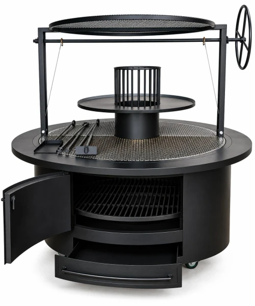 NorCal Unit #3044 round commercial charbroiler with open front showing adjustable-height fuel grate