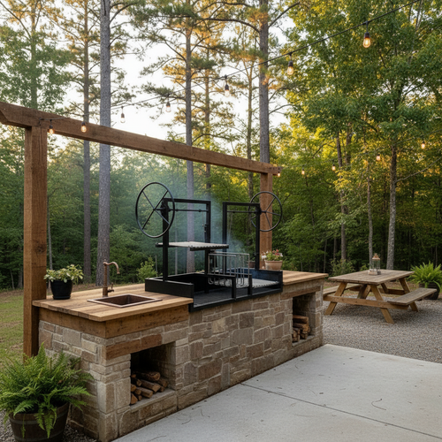 A large, black steel Split Argentine Counter Drop-In Grill with two independent cooking grates and side adjustment wheels, installed in a rustic outdoor kitchen island made of stone and wood. Base Unit #9951