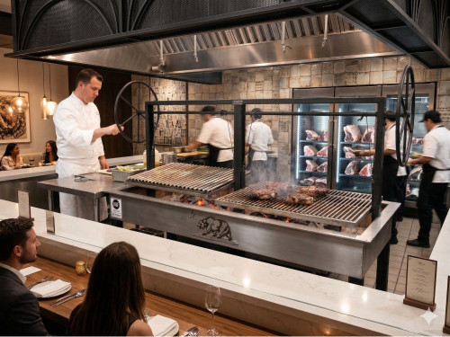 NorCal Ovenworks Base Unit #4999, an NSF Certified split charcoal grill, featured in an exhibition kitchen. Chefs grill steaks over glowing coals while diners observe.