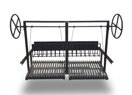 Split Argentine grill kit with rear brasero for masonry firebox, featuring dual V-channel grates, spoked handwheels, and an all-black finish, isolated on a white background with a soft shadow.