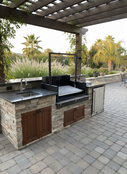 Built-in Argentine Grill featuring a black steel firebox, V-grate, and a stainless steel hand-crank wheel for height adjustment.