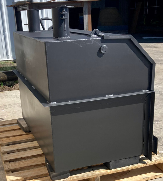 Wood Fire BBQ Grill, Lid with smoke stacks, Legs with Casters